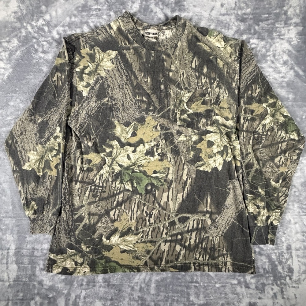 Vintage Jerzees Shirt Men's Large Mossy Oak Break Up Camo Pocket Long Sleeve 90s